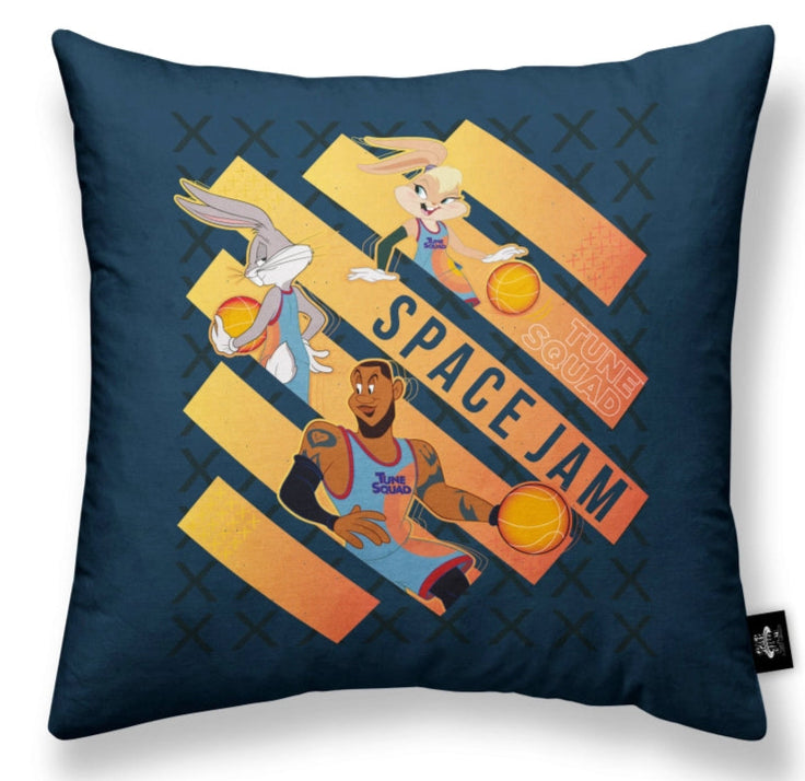 Decorative pillow with 'Space Jam' design featuring characters and text on a blue background.