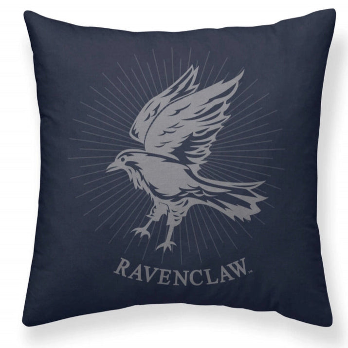 Navy blue pillow with a bird design and 'Ravenclaw' text on a white background