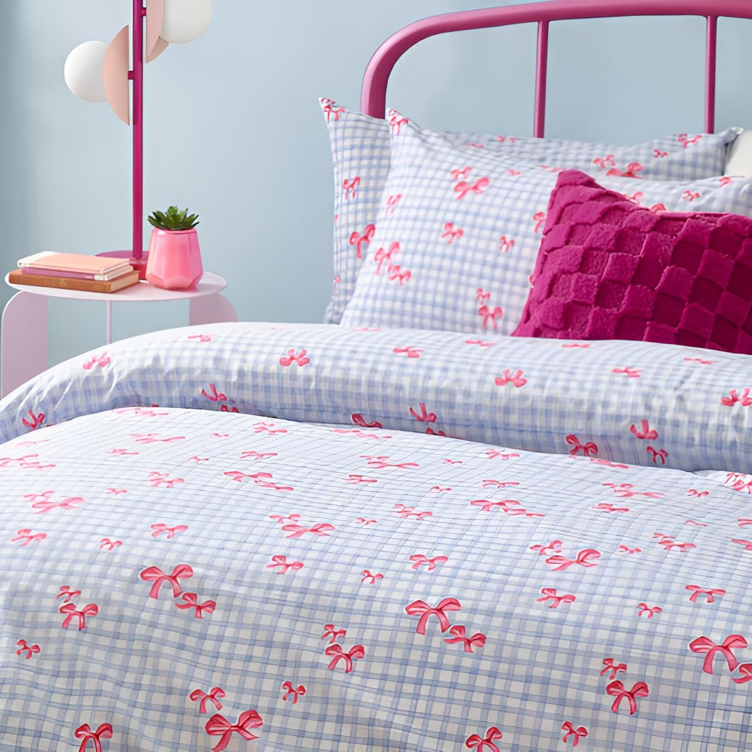 Gingham Bows Printed Duvet Cover Set
