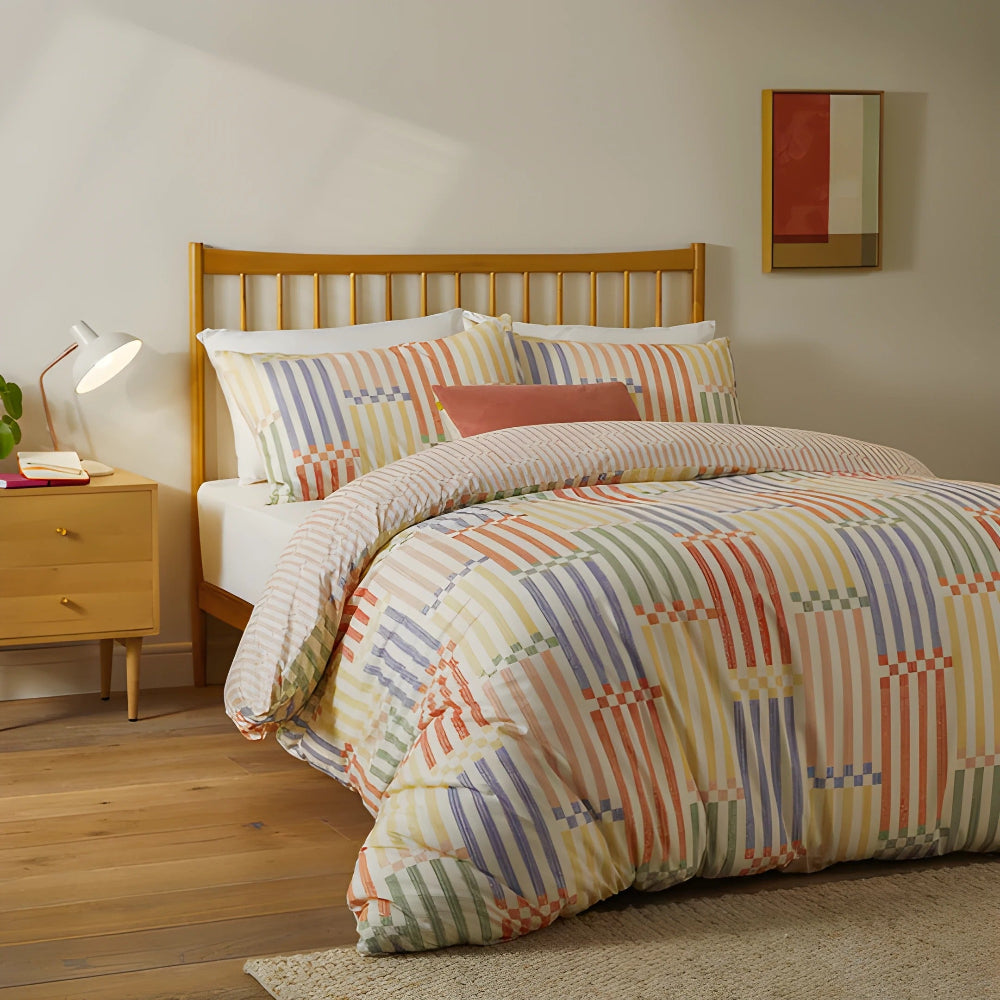 Madison Stripe Printed Soft Touch Duvet Cover Set Multi/Apricot