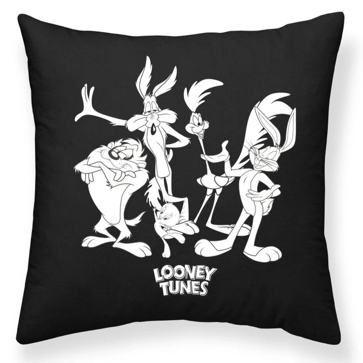 Black pillow with white Looney Tunes characters and text on a white background