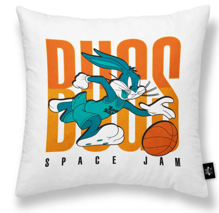 Pillow with cartoon character and 'Space Jam' text on a white background