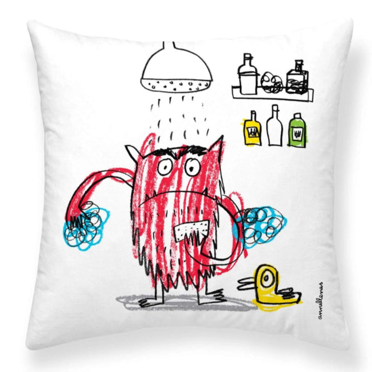 Pillow with a cartoon character showering and colorful bottles on a white background