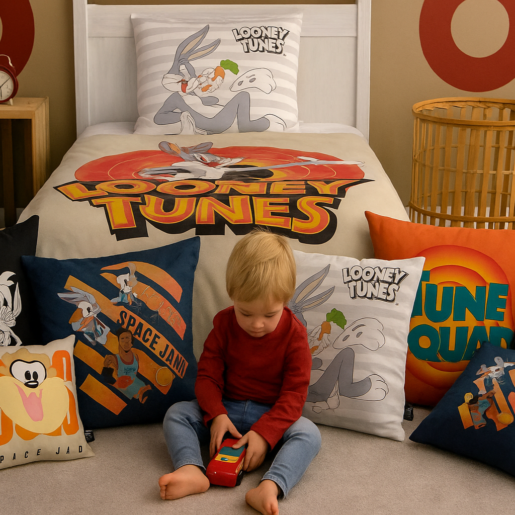 Child sitting on a bed with Looney Tunes bedding and pillows.