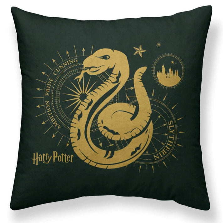 Harry Potter-themed pillow with gold snake design on a black background