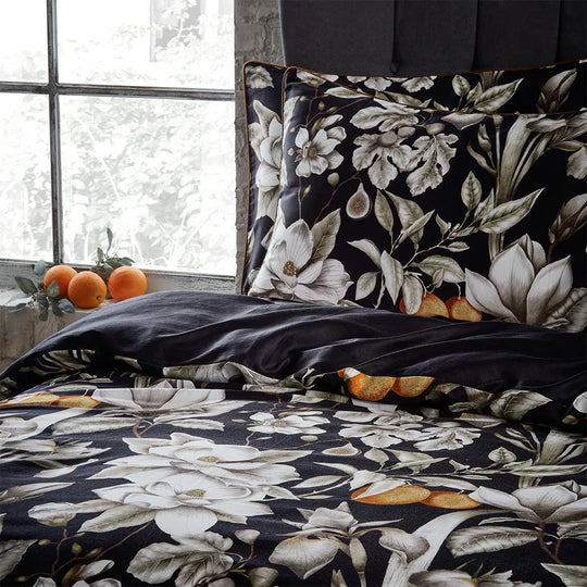 Lavish Floral Printed Piped Cotton Sateen Duvet Cover Set in Black