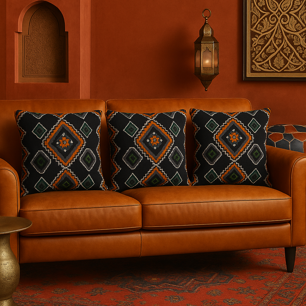 Moroccan Kilim Cushions in Leather Sofa