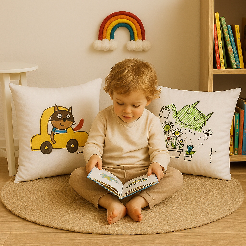 Child Sat Reading with Anna Llenas Cushions