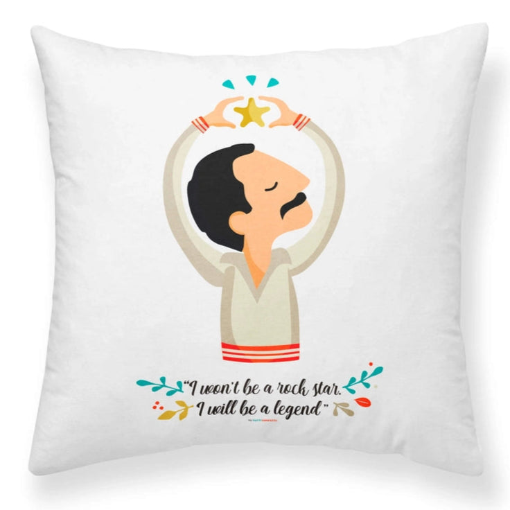 Pillow with a cartoon illustration of a person holding a star above their head and text 'I won't be a rock star, I will be a legend' on a white background.