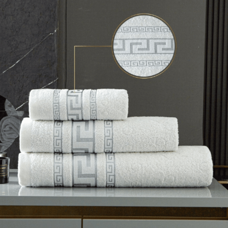 100% Egyptian Cotton Greek Border Design Bath Sheet in White