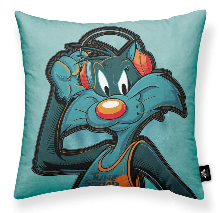 Pillow with cartoon character design on a light blue background