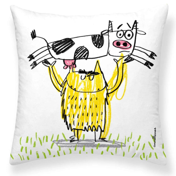 Pillow with a cartoon design of a person holding two cows on a white background